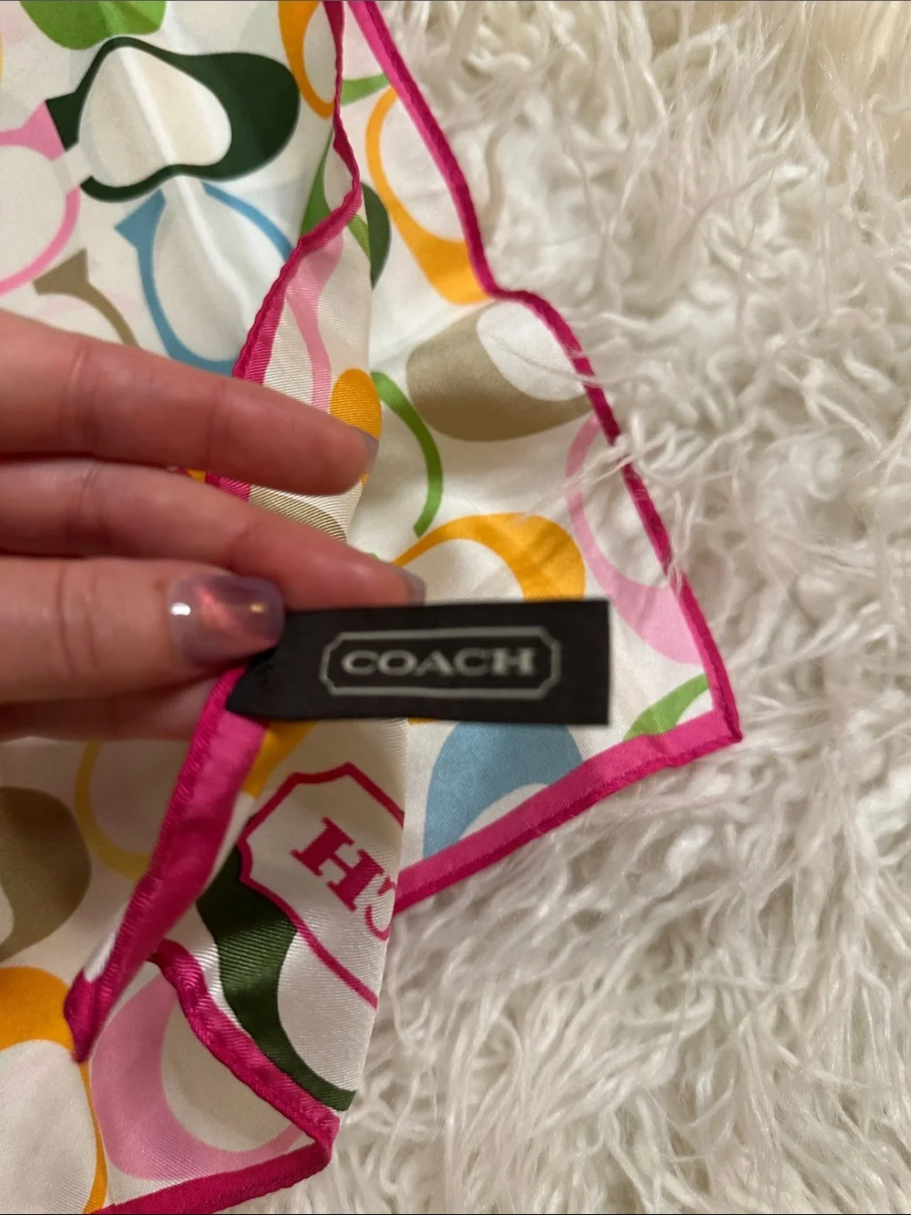 Vintage Coach Multicolor Signature Print Silk Scarf with Pink Trim new in box